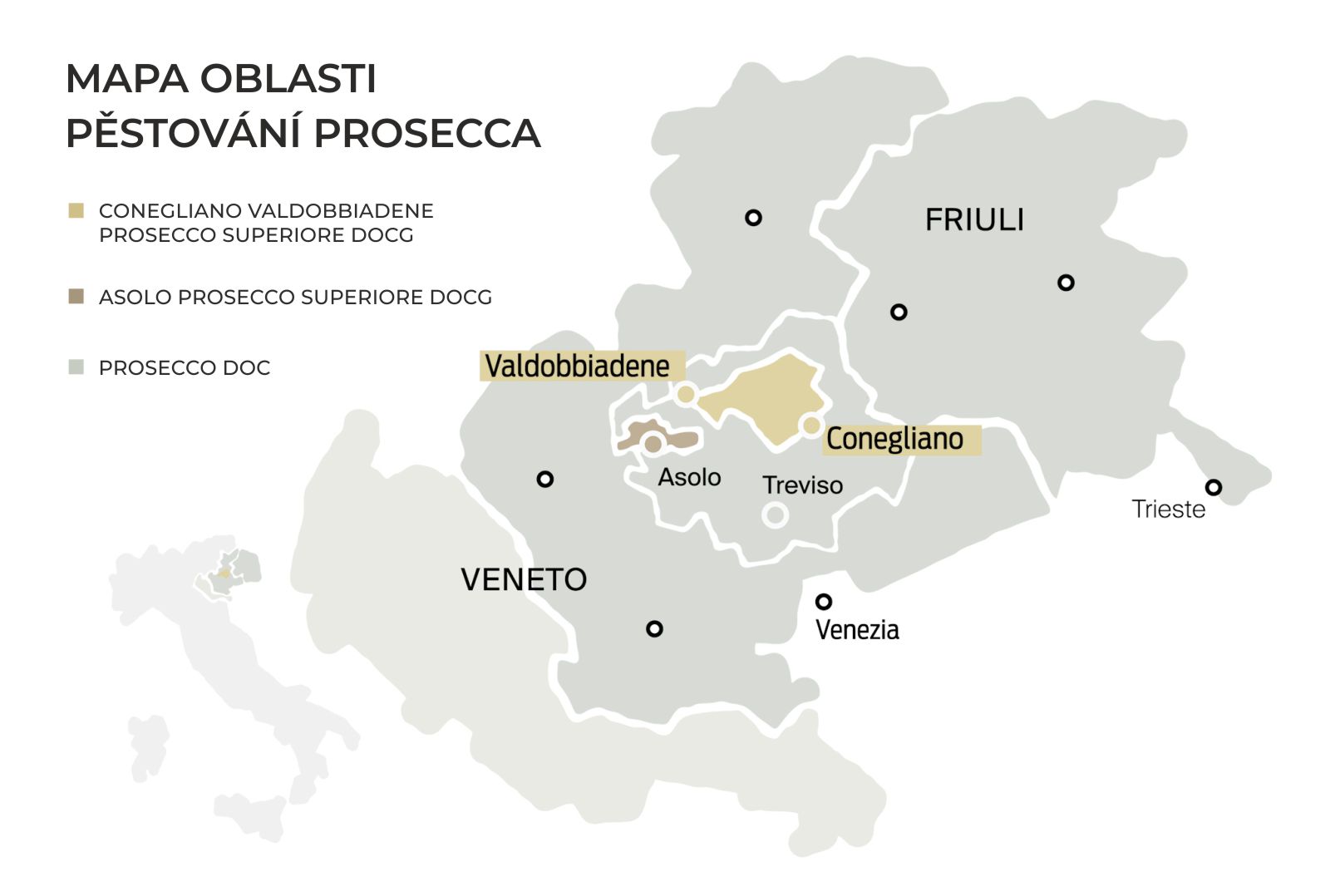 Mapa oblasti pěstování prosecca