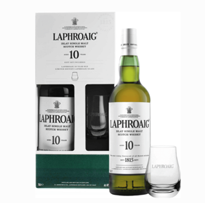 Laphroaig 10 Year Old se sklenicí