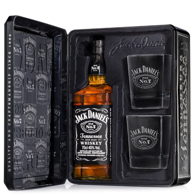 Jack Daniel’s No.7 Metal Box + 2 sklenice